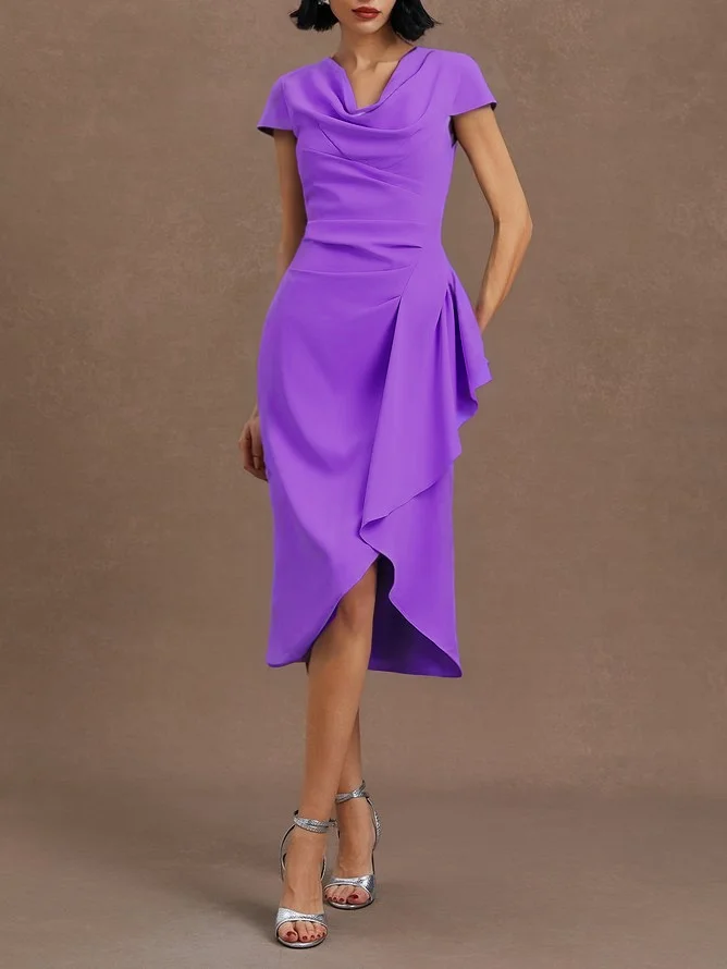 Light Blue Ruched Asymmetric Classic Cowl Neck Cap Sleeve Sheath Midi Dress