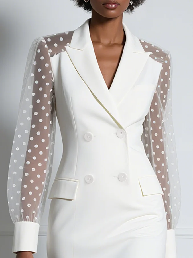 White Buckle Blazer Lapel Collar Long Sleeve Sheath Midi Dress