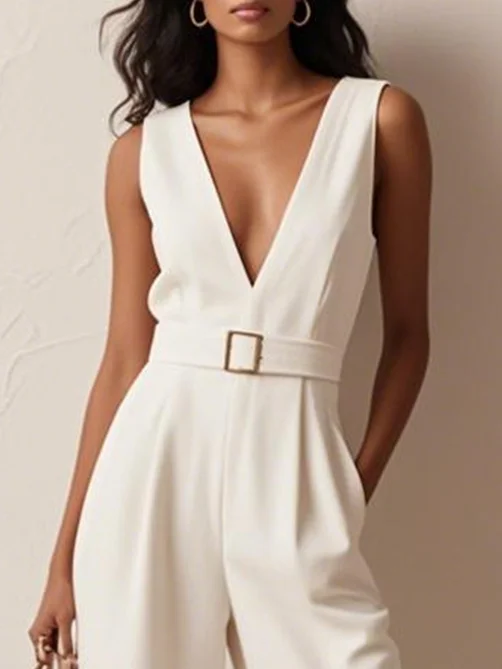 Off White Morden V Neck Devore Jumpsuit With Belt