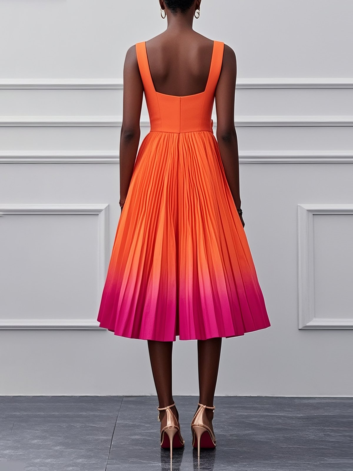 Orange Pleated Classic Square Neck Sleeveless A-Line Midi Dress