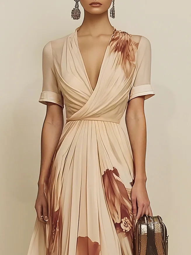 Beige Chiffon V Neck Short Sleeve A-Line Gown Dress