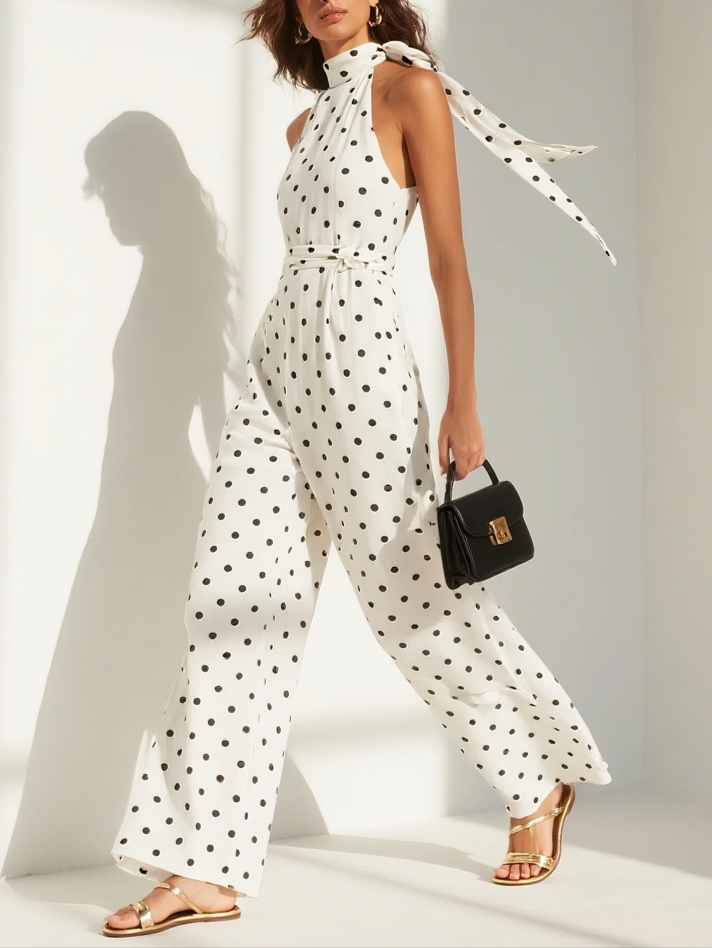 White Morden Lace-Up Bow Polka Dots Jumpsuit