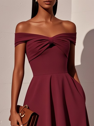 Wine Red Cross Classic Off The Shoulder Short Sleeve A-Line Midi Dress