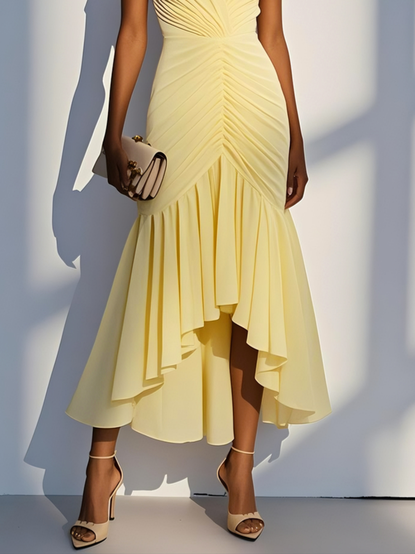 Pink Shirred Ruched Chiffon Lotus Leaf Collar Cap Sleeve Ruffle Sleeve Mermaid Midi Dress