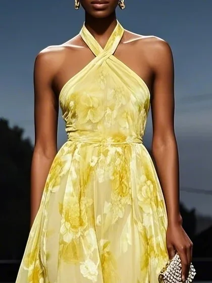 Yellow  Floral Chiffon Halter Sleeveless A-Line Midi Dress