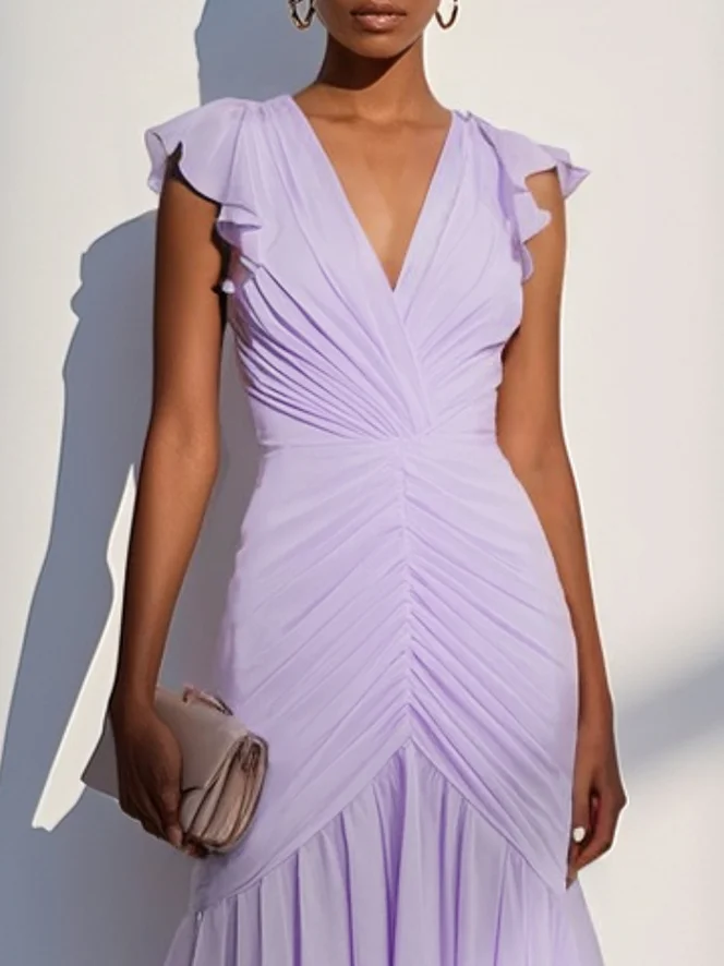 Purplish Blue Shirred Ruched Chiffon Lotus Leaf Collar Cap Sleeve Ruffle Sleeve Mermaid Midi Dress