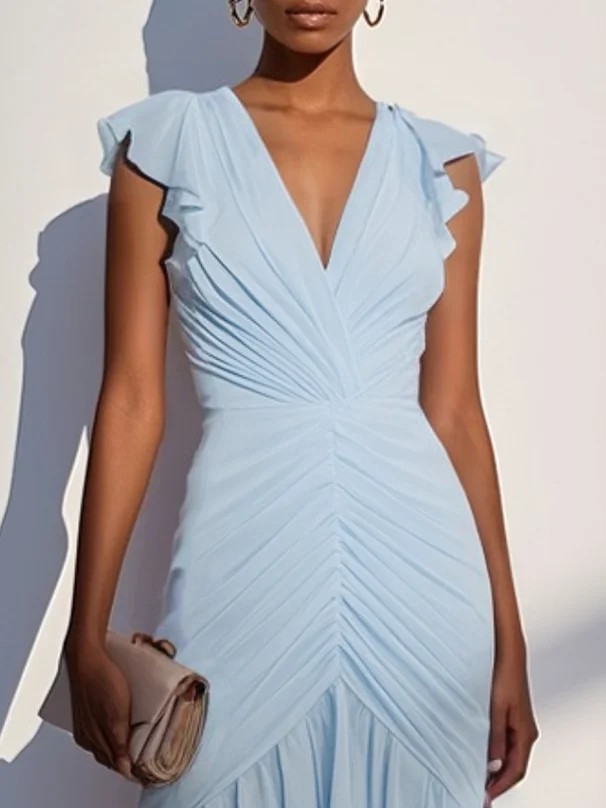 Purplish Blue Shirred Ruched Chiffon Lotus Leaf Collar Cap Sleeve Ruffle Sleeve Mermaid Midi Dress