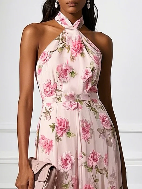 Pink Classic Halter Short Sleeve A-Line Gown Dress