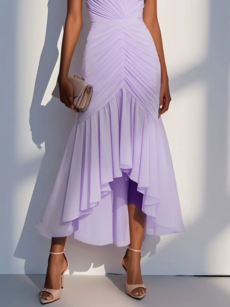 Purplish Blue Shirred Ruched Chiffon Lotus Leaf Collar Cap Sleeve Ruffle Sleeve Mermaid Midi Dress