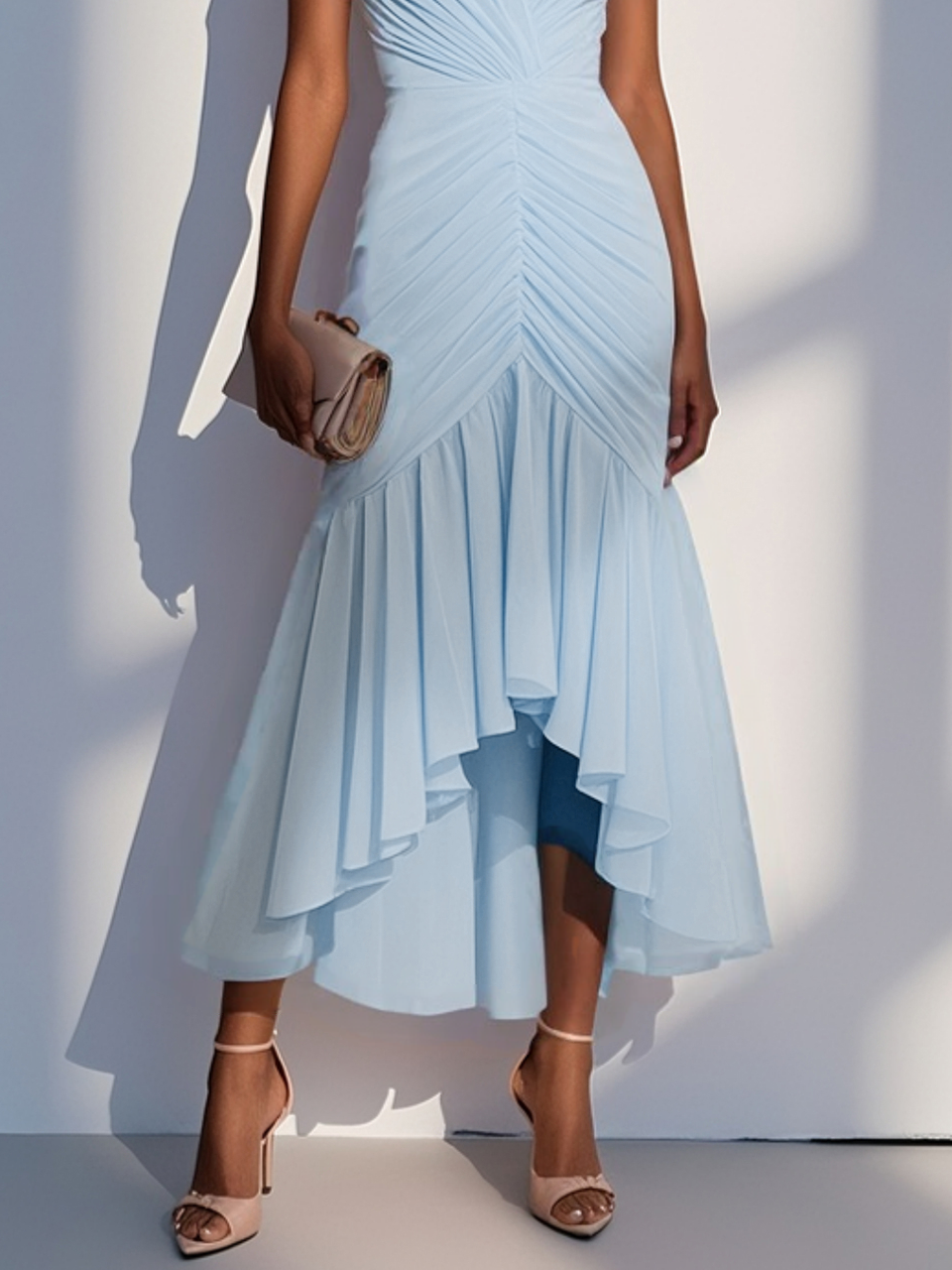 Purplish Blue Shirred Ruched Chiffon Lotus Leaf Collar Cap Sleeve Ruffle Sleeve Mermaid Midi Dress