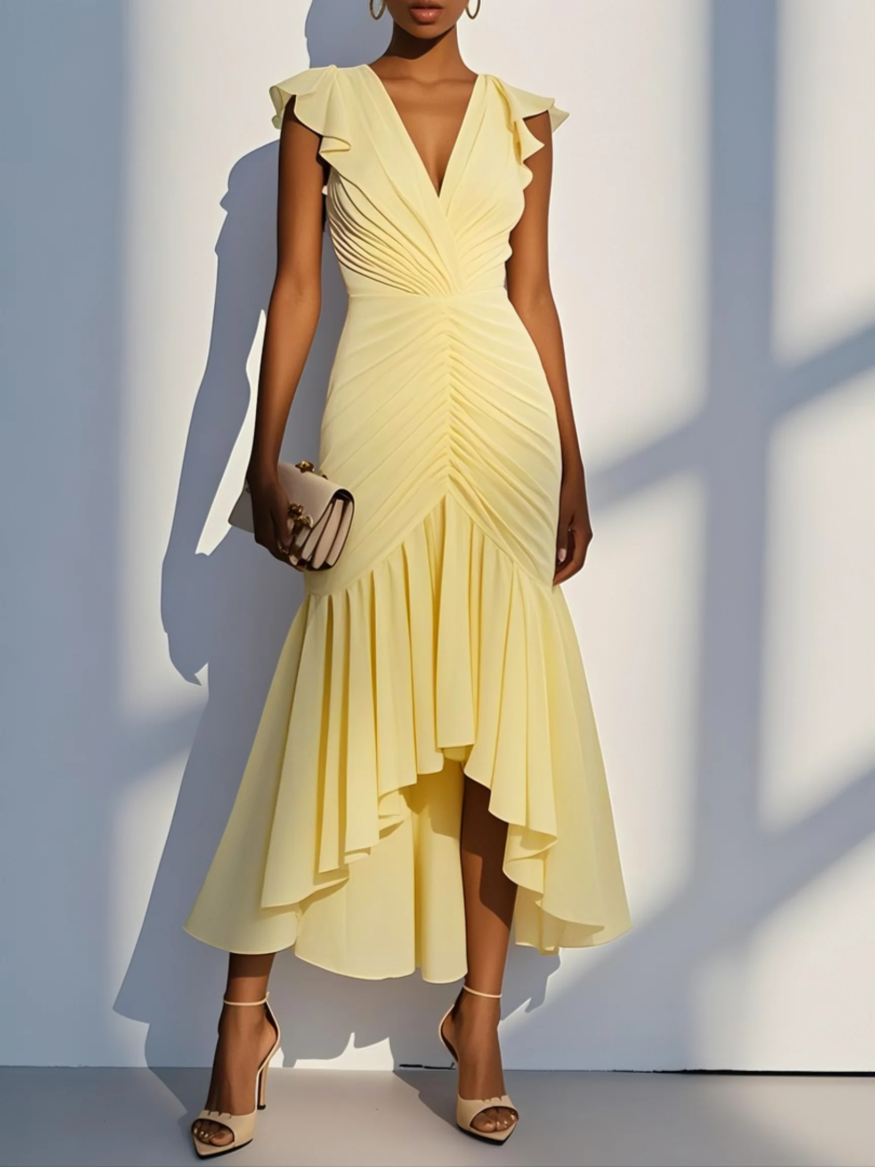 Pink Shirred Ruched Chiffon Lotus Leaf Collar Cap Sleeve Ruffle Sleeve Mermaid Midi Dress
