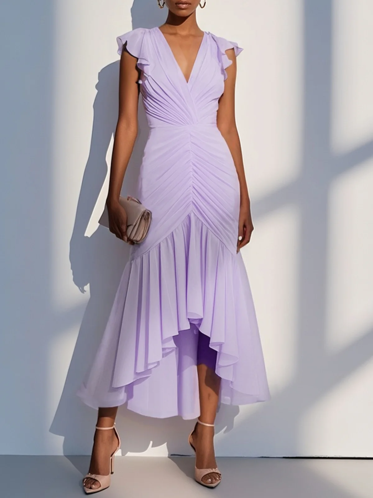 Purplish Blue Shirred Ruched Chiffon Lotus Leaf Collar Cap Sleeve Ruffle Sleeve Mermaid Midi Dress