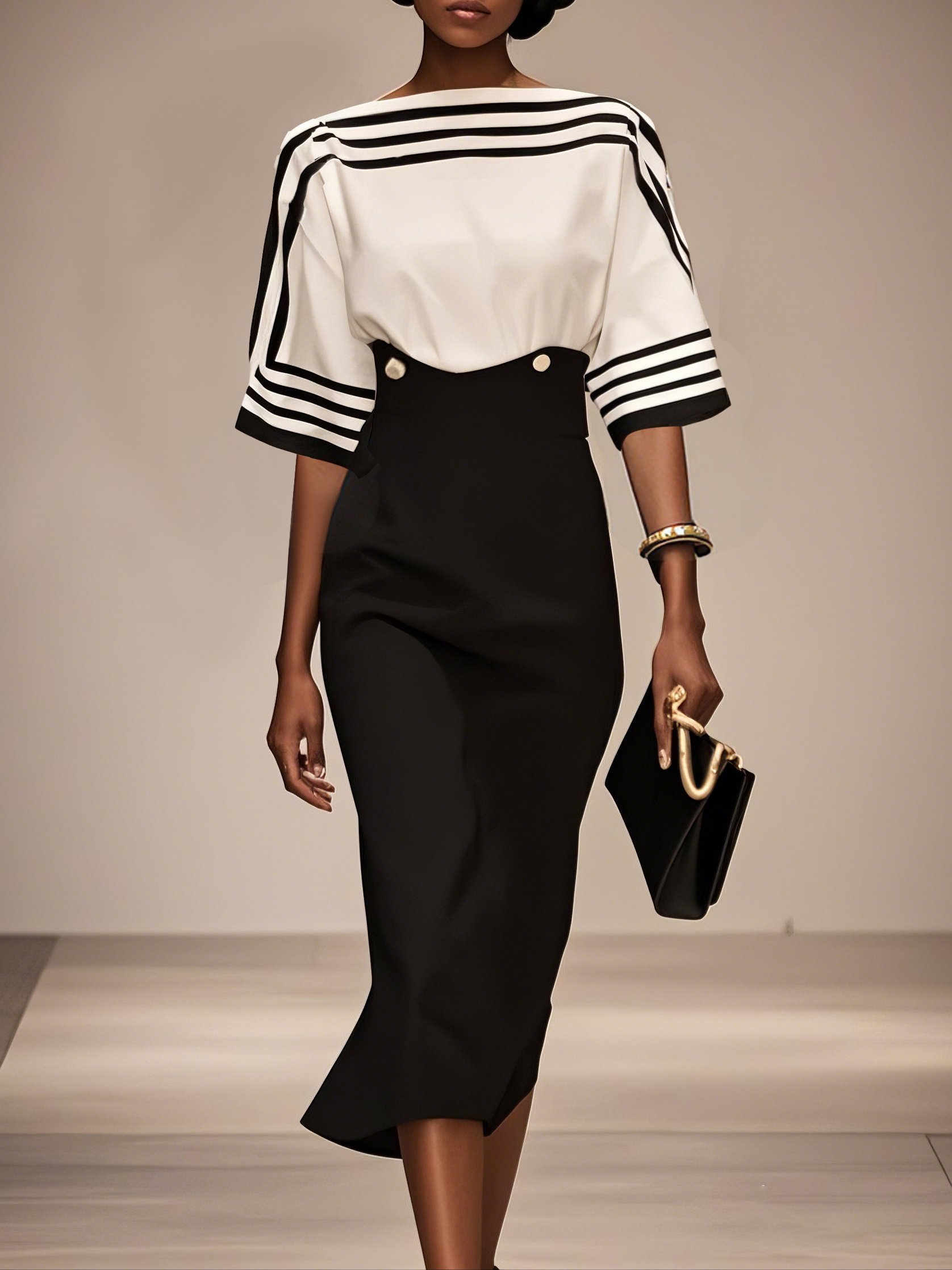 Black Striped Boat Neck Half Sleeve Sheath Midi Satin Dress