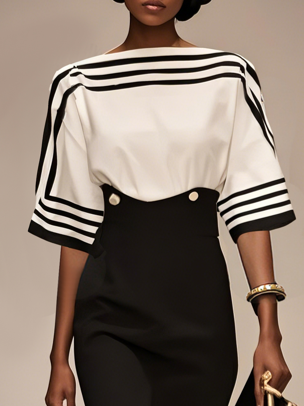 Black Striped Boat Neck Half Sleeve Sheath Midi Satin Dress