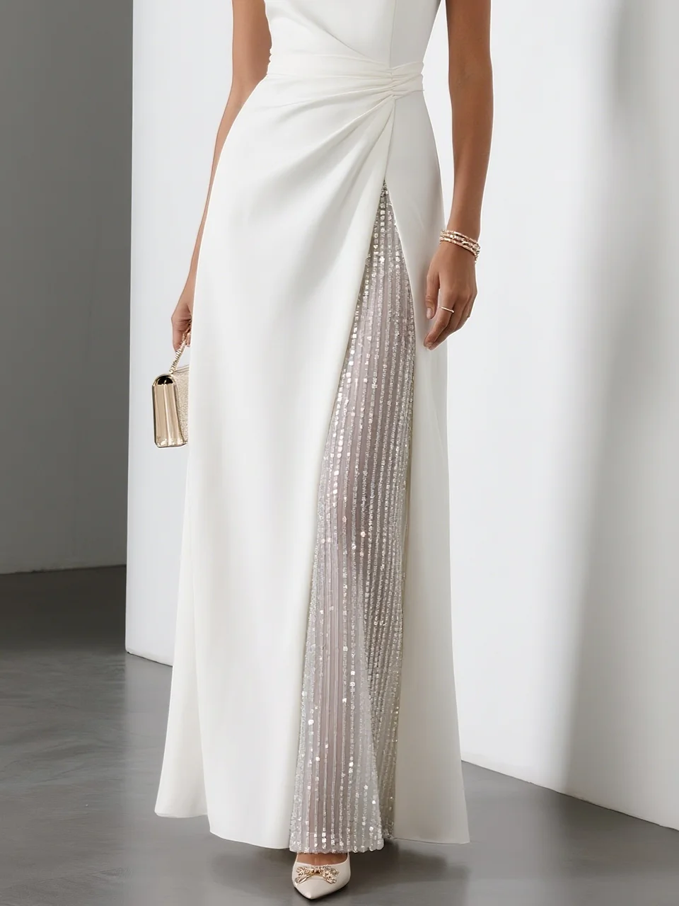 White Glitter Ruched Classic Sleeveless A-Line Midi Dress
