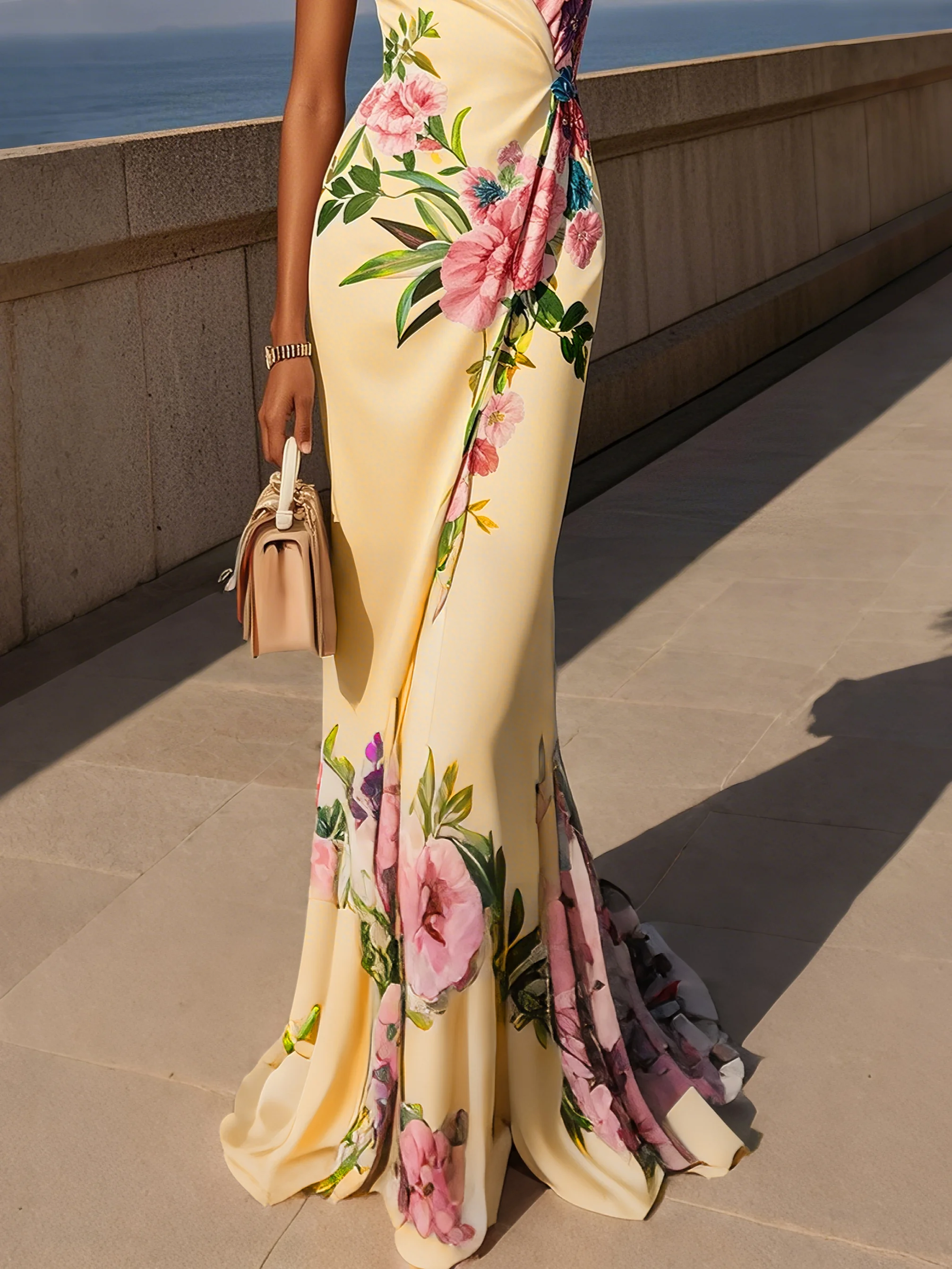 Pink Cross Floral Wrap Dress V Neck Sleeveless Mermaid Gown Dress