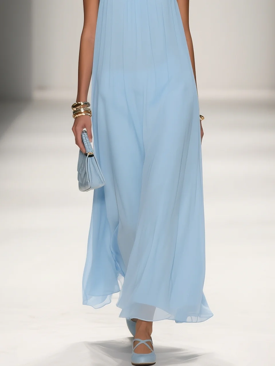 Light Blue Braided Strap Pearl Chiffon Halter Sleeveless A-Line Maxi Dress