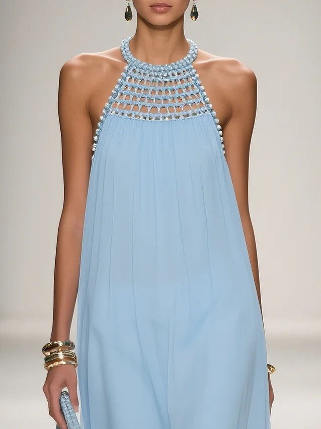 Light Blue Braided Strap Pearl Chiffon Halter Sleeveless A-Line Maxi Dress
