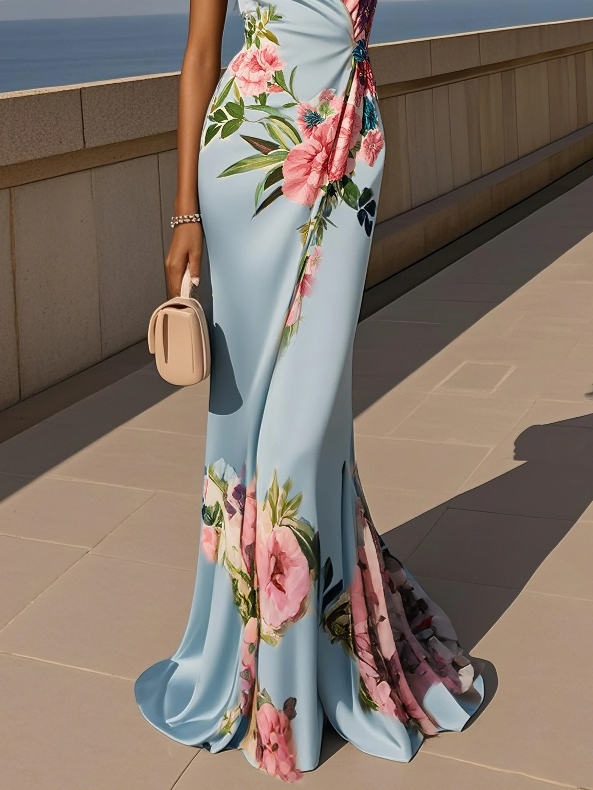 Pink Cross Floral Wrap Dress V Neck Sleeveless Mermaid Gown Dress