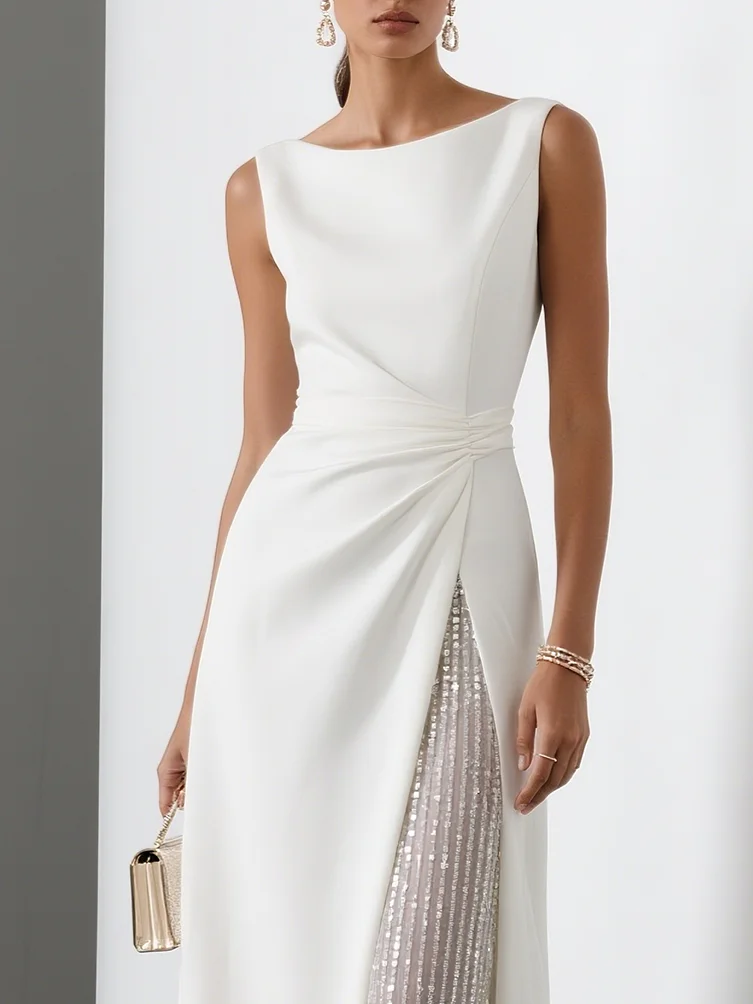 White Glitter Ruched Classic Sleeveless A-Line Midi Dress