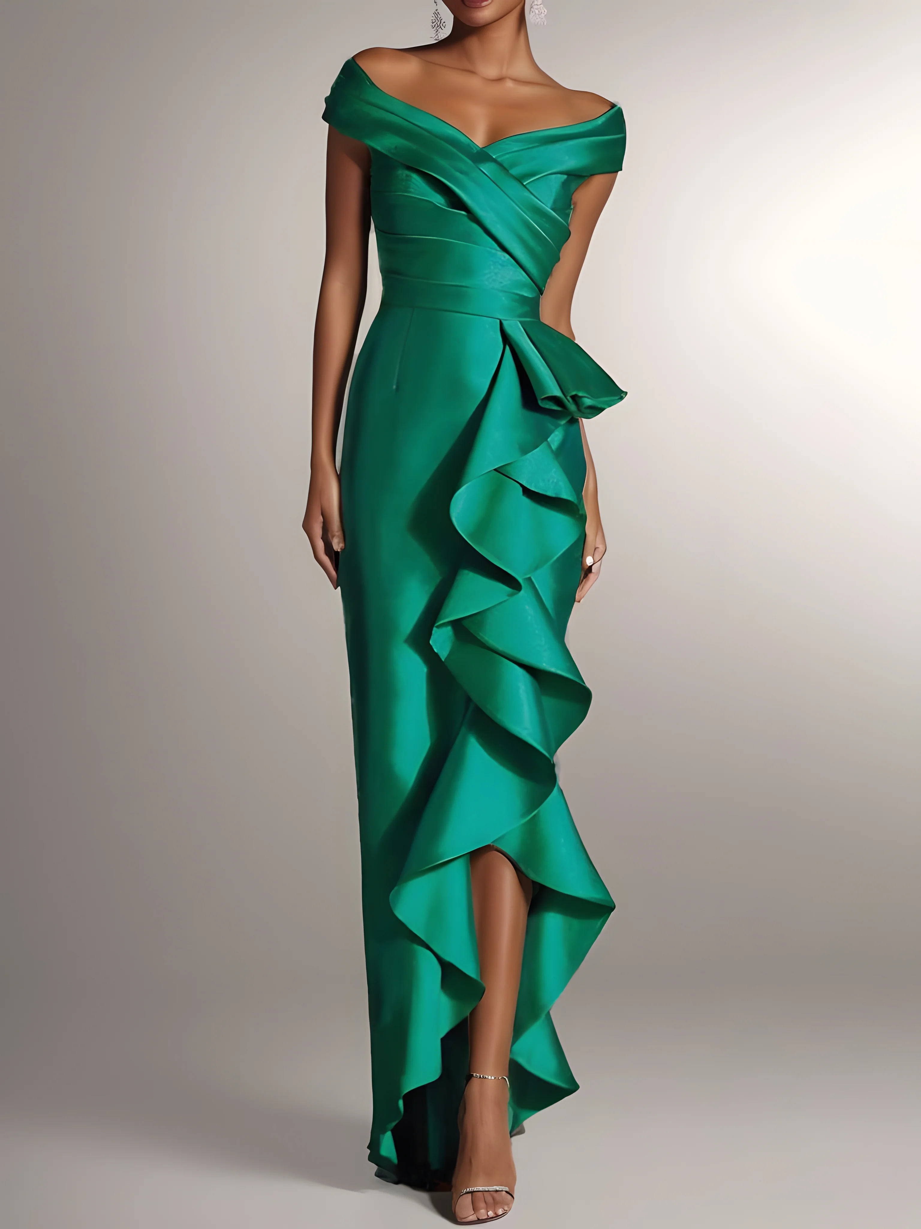 Green Ruffled Off The Shoulder Sheath Maxi Dress 