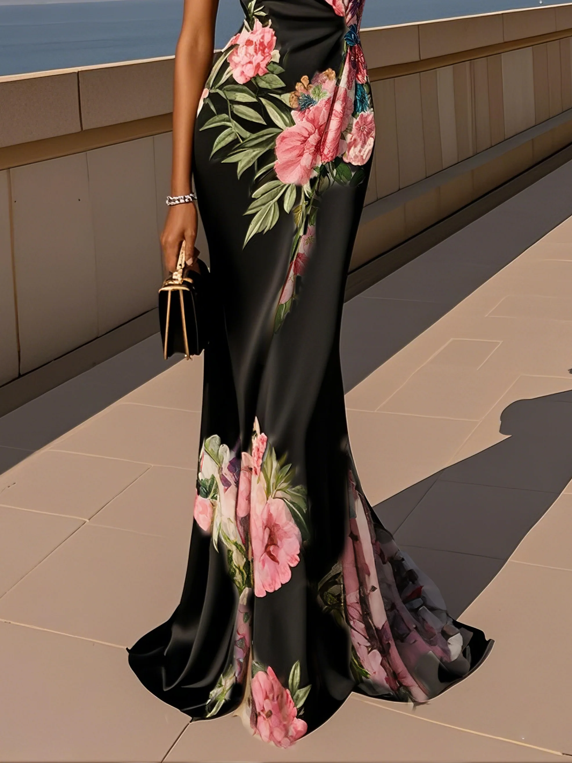 Pink Cross Floral Wrap Dress V Neck Sleeveless Mermaid Gown Dress