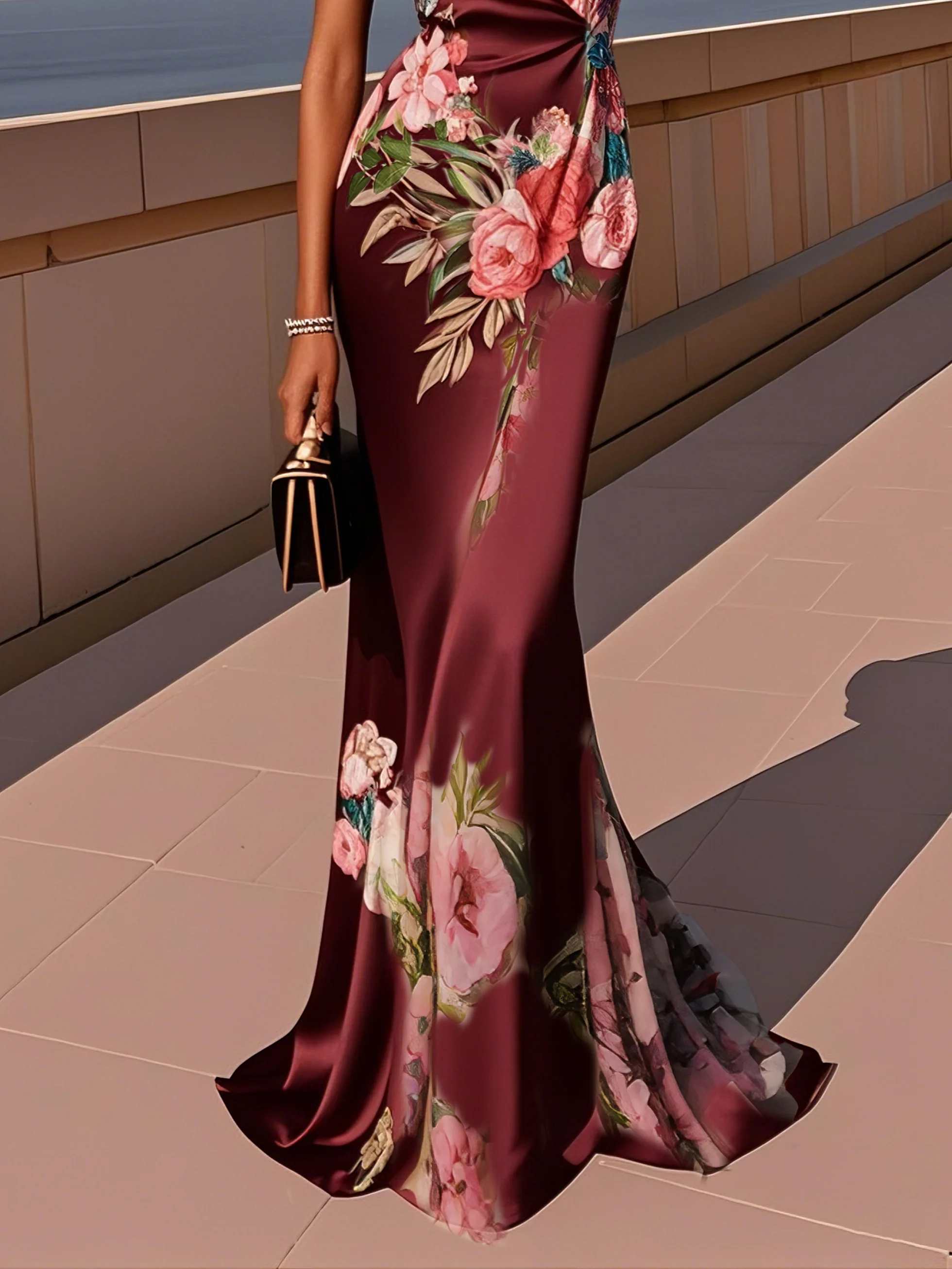 Pink Cross Floral Wrap Dress V Neck Sleeveless Mermaid Gown Dress