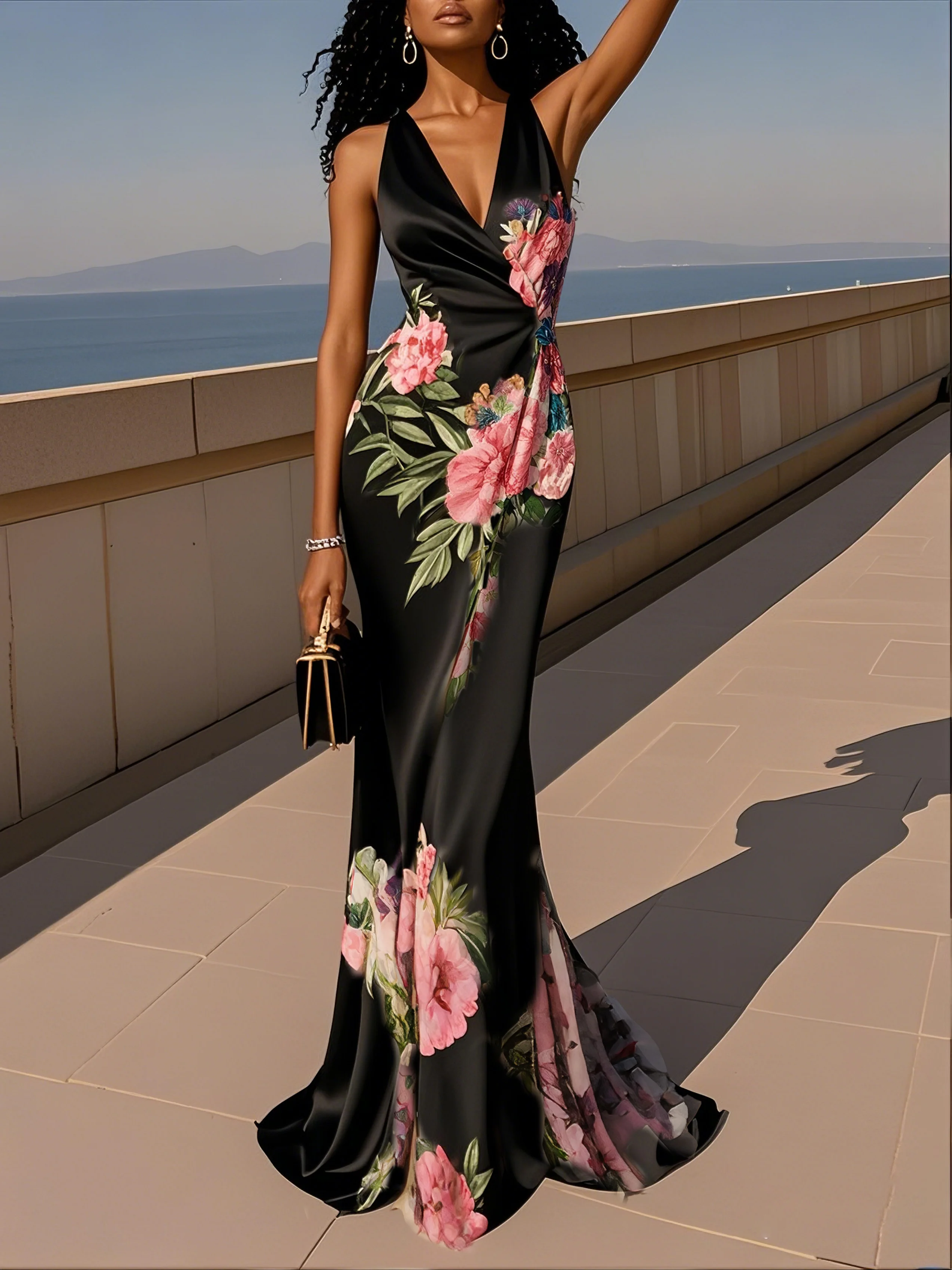 Pink Cross Floral Wrap Dress V Neck Sleeveless Mermaid Gown Dress