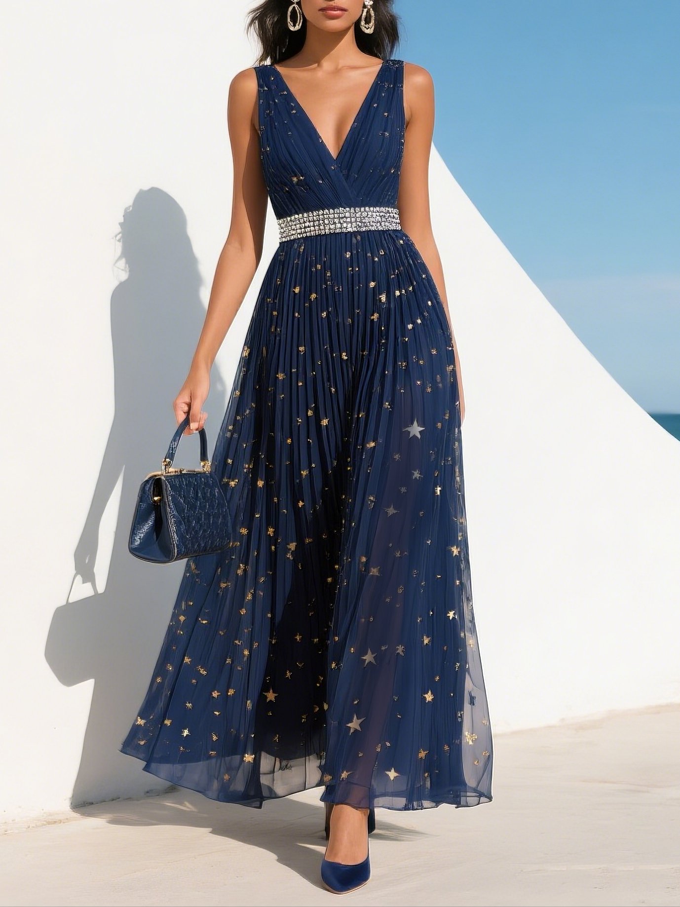Purplish blue Pleated Rhinestone V Neck A-Line Maxi Chiffon Dress
