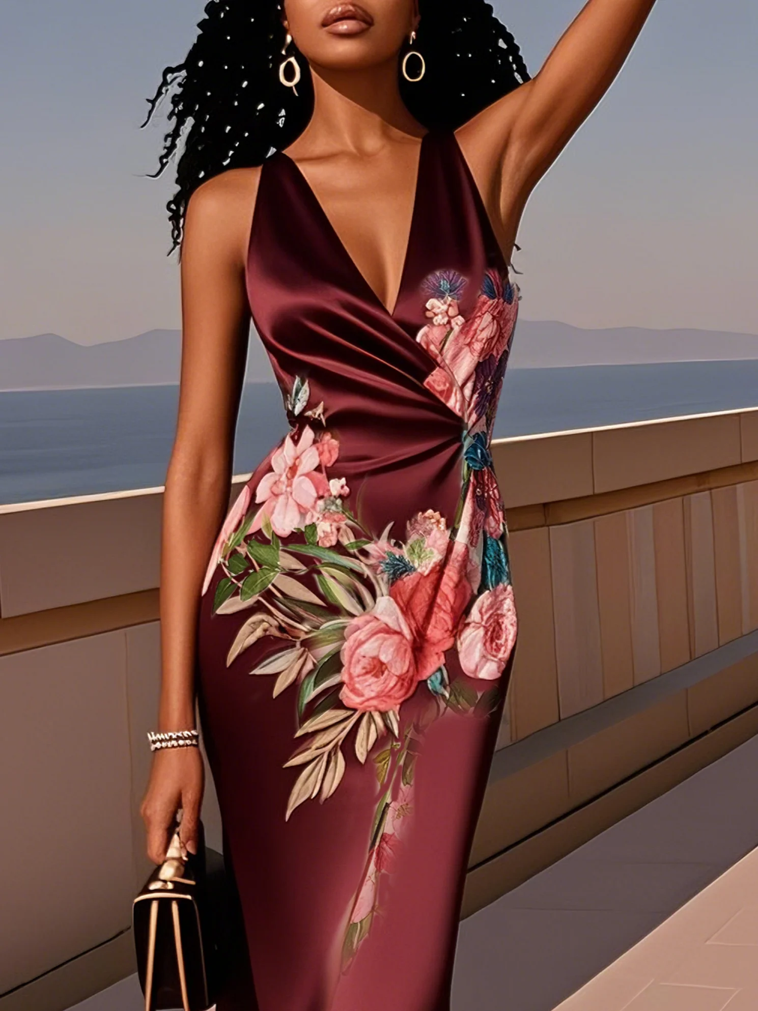 Pink Cross Floral Wrap Dress V Neck Sleeveless Mermaid Gown Dress