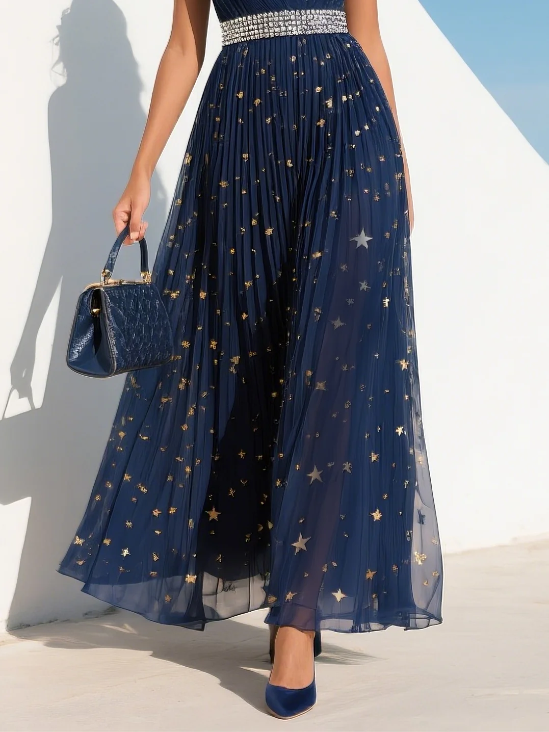Purplish blue Pleated Rhinestone V Neck A-Line Maxi Chiffon Dress