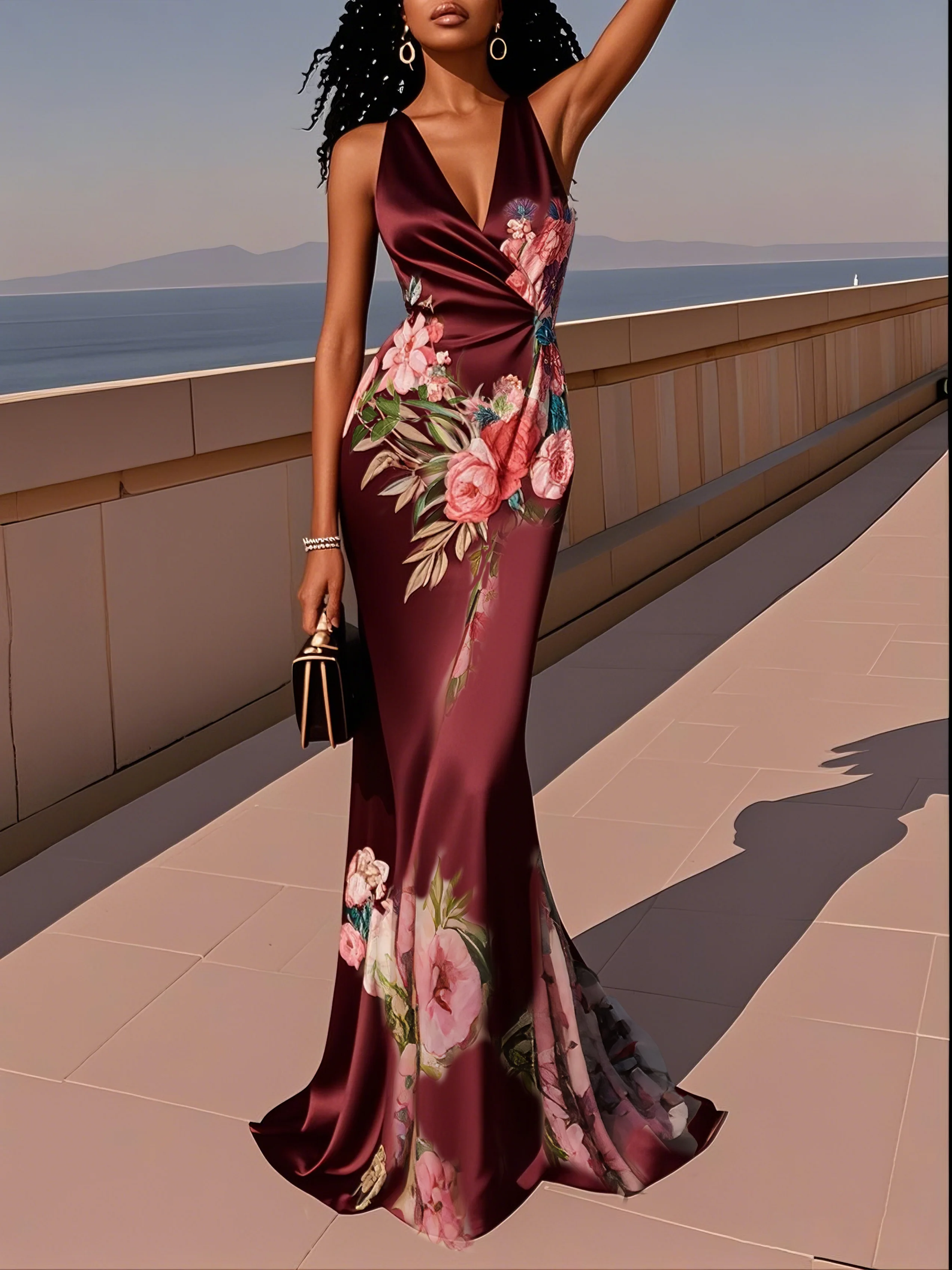 Pink Cross Floral Wrap Dress V Neck Sleeveless Mermaid Gown Dress