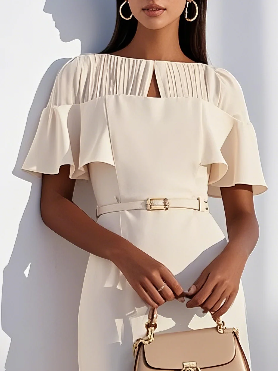 Off White Ruched Classic Crew Neck Sheath Midi Dress