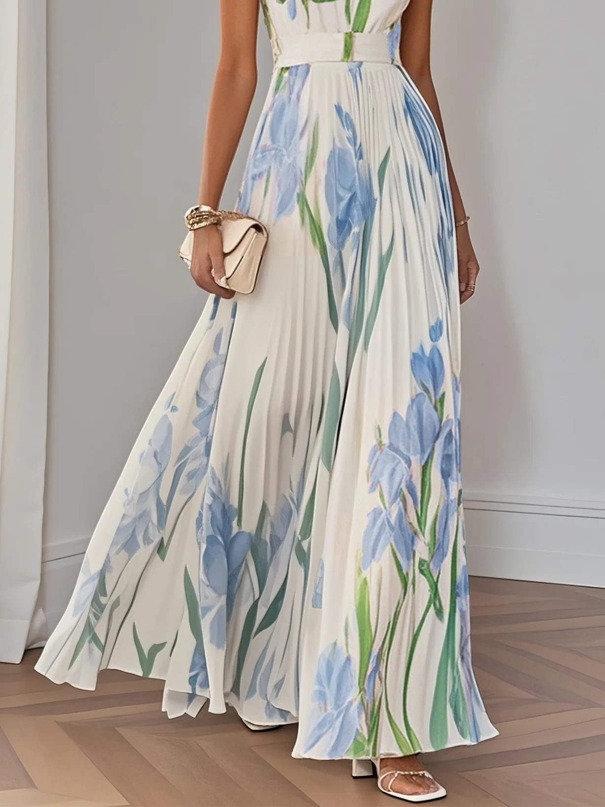 White Pleated Floral Chiffon Square Neck Sleeveless A-Line Maxi Dress
