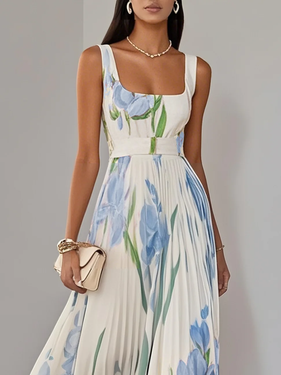 White Pleated Floral Chiffon Square Neck Sleeveless A-Line Maxi Dress