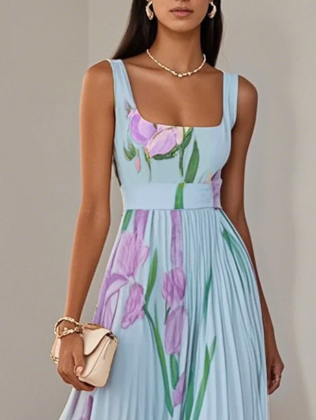 White Pleated Floral Chiffon Square Neck Sleeveless A-Line Maxi Dress