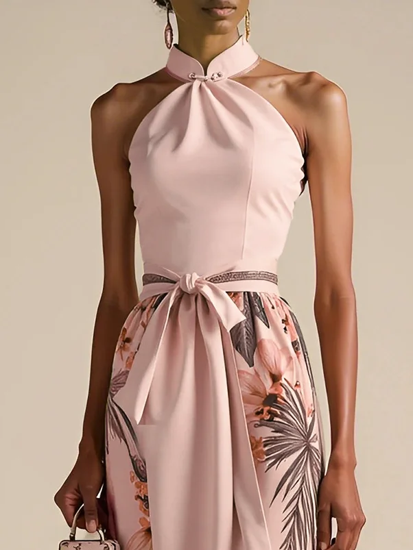 Beige Bow Classic Halter Floral Sleeveless A-Line Maxi Dress