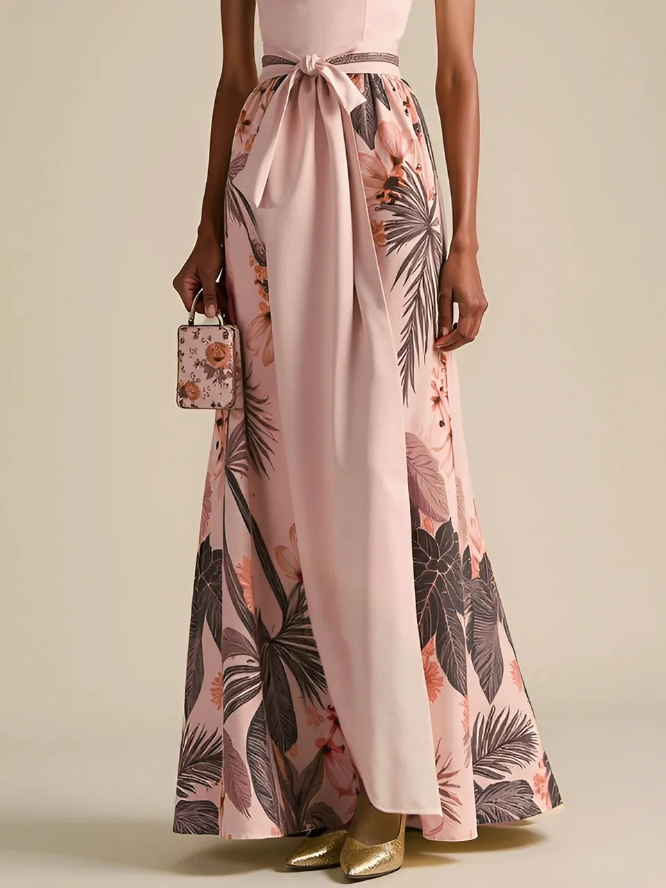Beige Bow Classic Halter Floral Sleeveless A-Line Maxi Dress