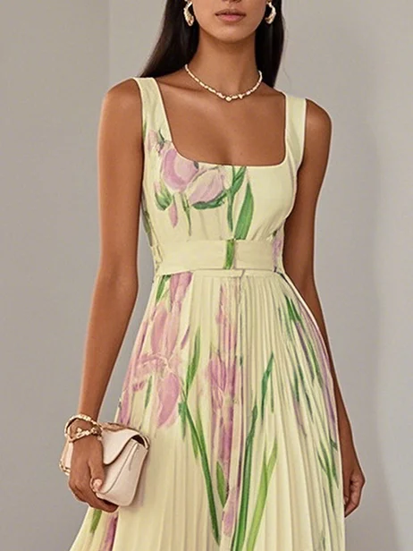 White Pleated Floral Chiffon Square Neck Sleeveless A-Line Maxi Dress