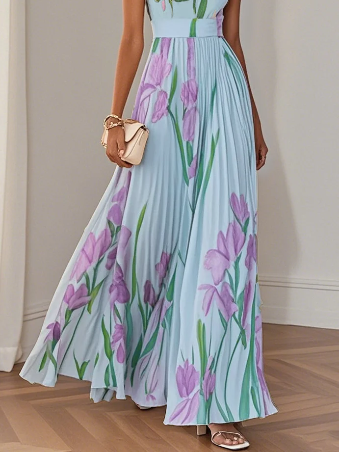 White Pleated Floral Chiffon Square Neck Sleeveless A-Line Maxi Dress