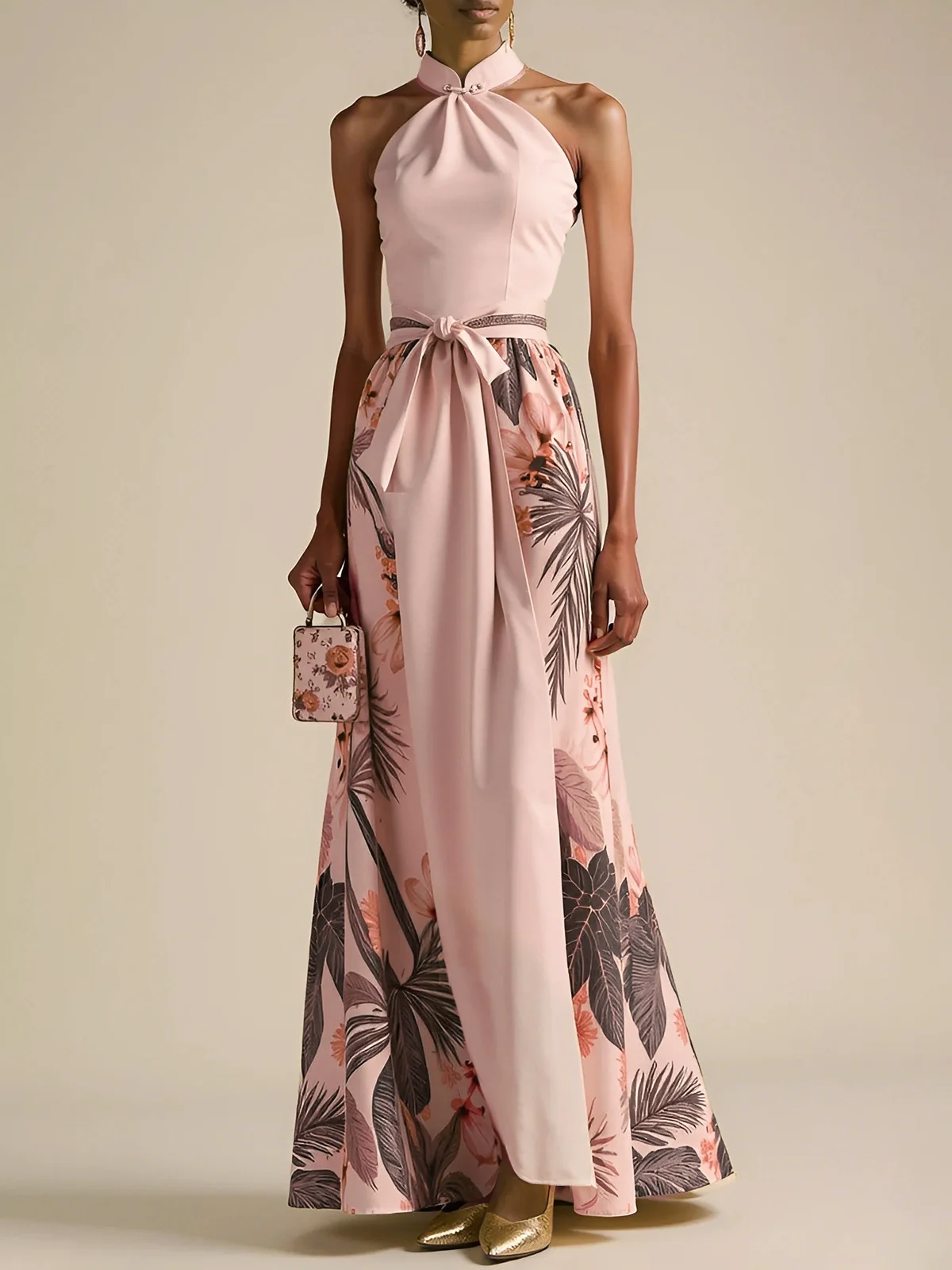 Beige Bow Classic Halter Floral Sleeveless A-Line Maxi Dress