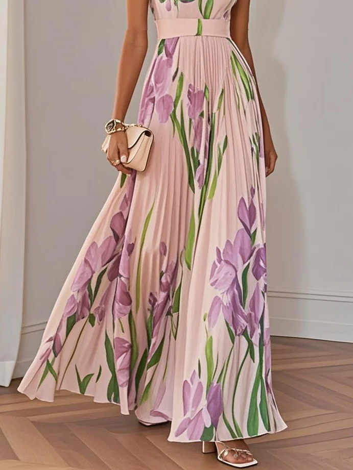 White Pleated Floral Chiffon Square Neck Sleeveless A-Line Maxi Dress
