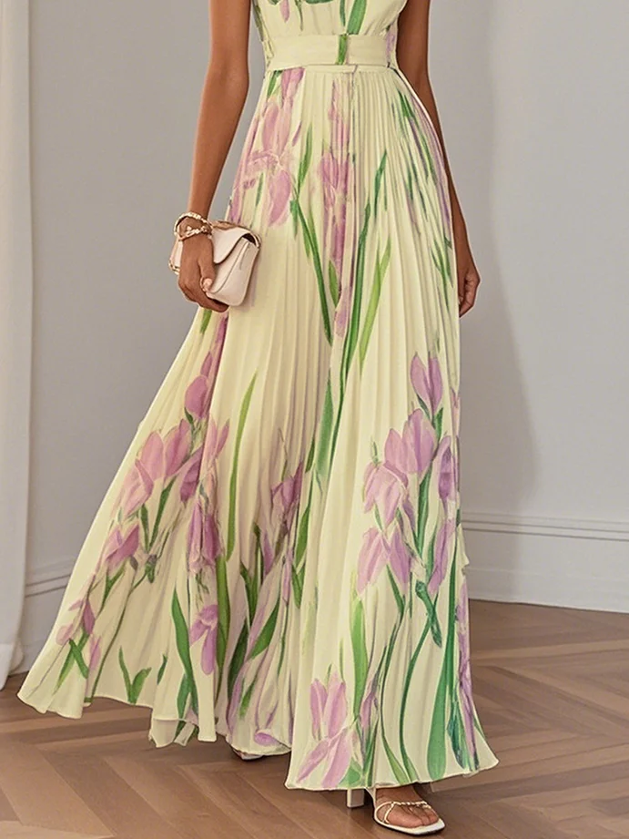 White Pleated Floral Chiffon Square Neck Sleeveless A-Line Maxi Dress