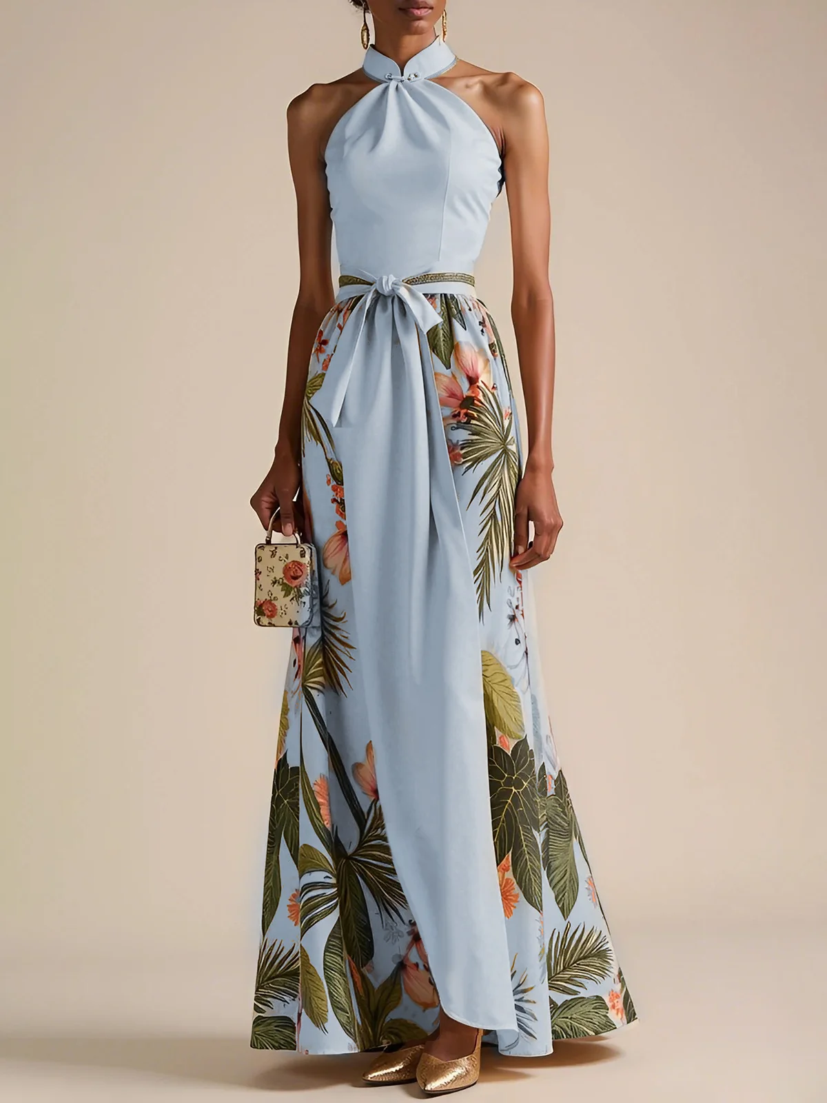 Beige Bow Classic Halter Floral Sleeveless A-Line Maxi Dress