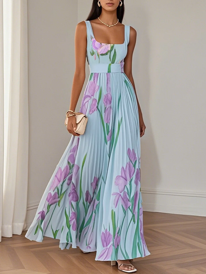 White Pleated Floral Chiffon Square Neck Sleeveless A-Line Maxi Dress