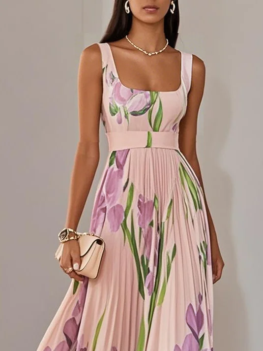 White Pleated Floral Chiffon Square Neck Sleeveless A-Line Maxi Dress