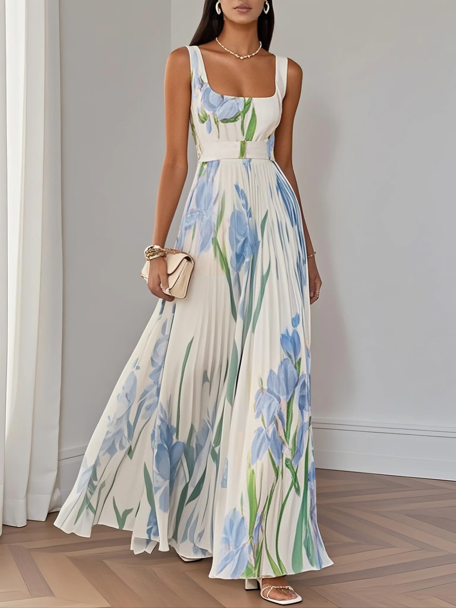 White Pleated Floral Chiffon Square Neck Sleeveless A-Line Maxi Dress