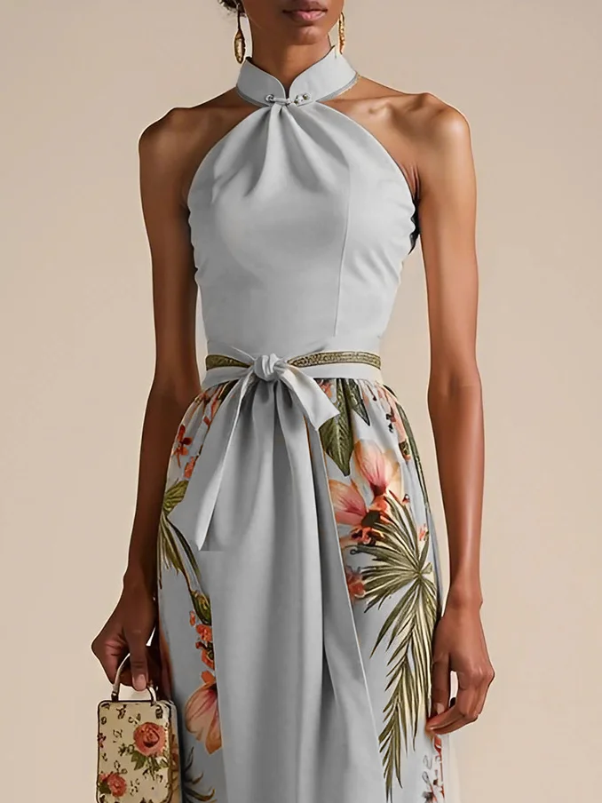 Beige Bow Classic Halter Floral Sleeveless A-Line Maxi Dress