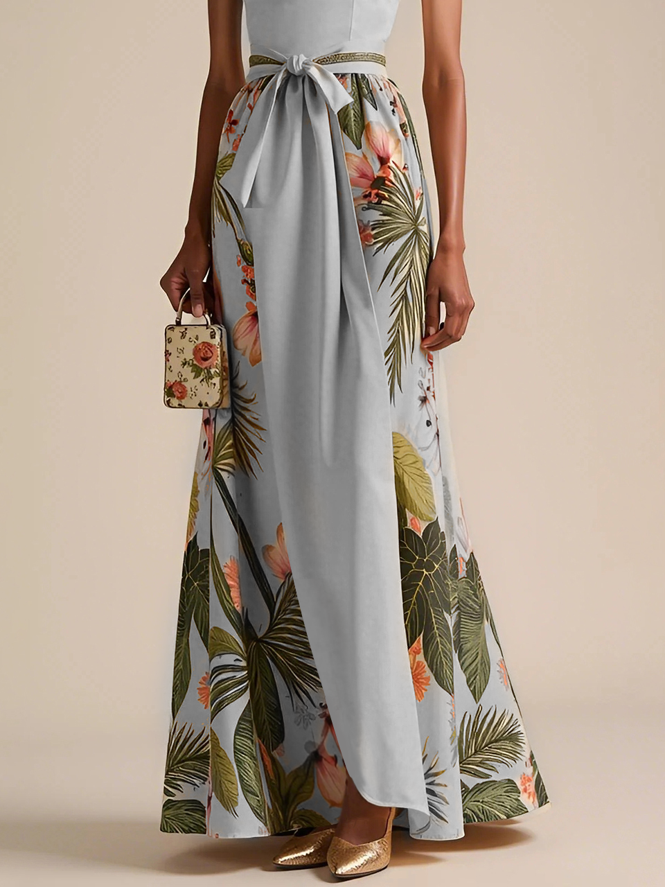 Beige Bow Classic Halter Floral Sleeveless A-Line Maxi Dress
