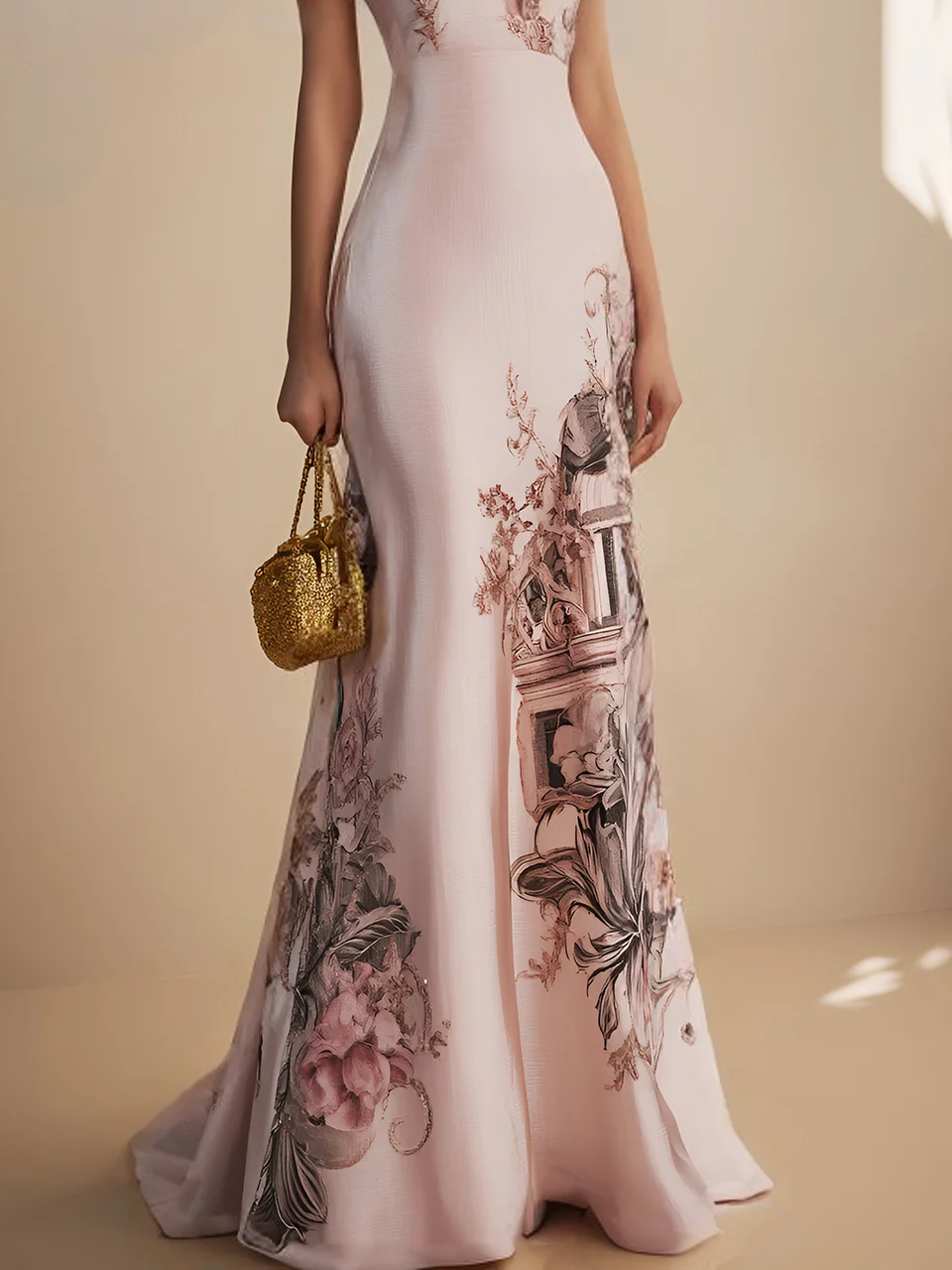 Beige Classic Floral Deep V Neck Short Sleeve Mermaid Gown Dress
